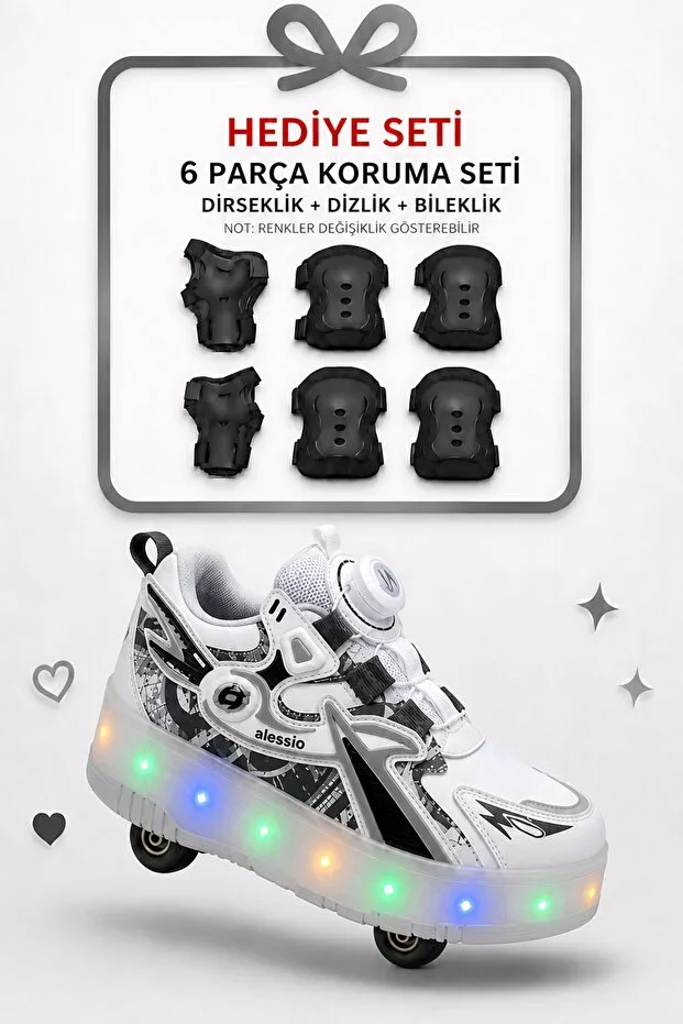 White Grey Children's Wheeled Light-Up Automatic Lacing System Sports Shoe Roller Skate Skateboard Sneaker