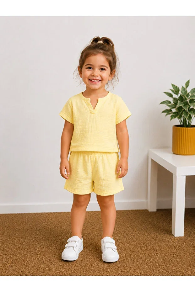 Girls and Boys Yellow Muslin Shorts Set