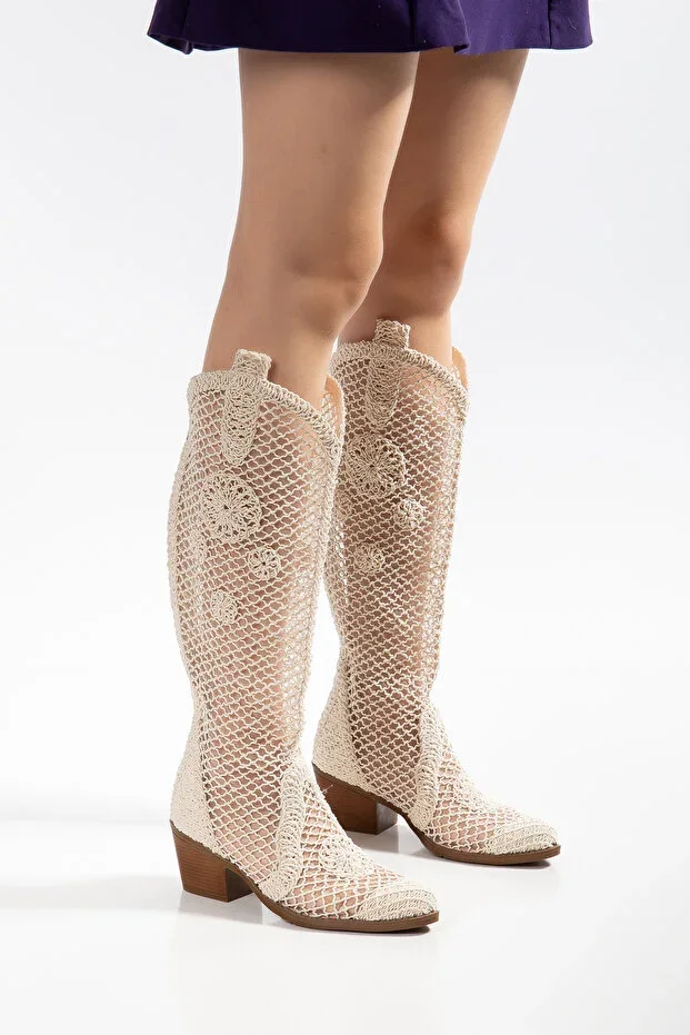 Bej Lace Fabric Western Cowboy Long Summer Boot
