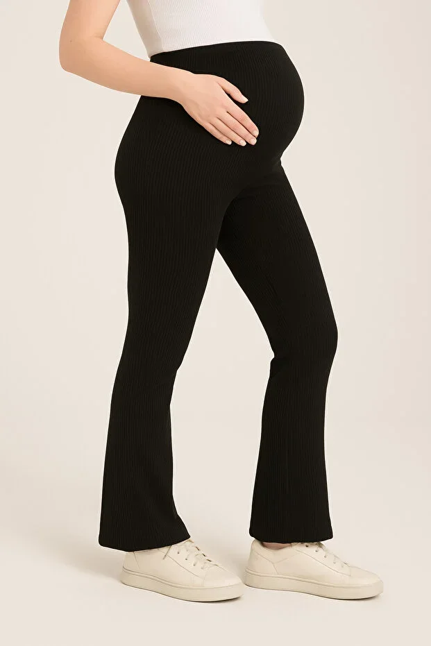 Spanish Flare Ribbed Fabric Adjustable High Waist Flexible Shaping Black Maternity Tights
