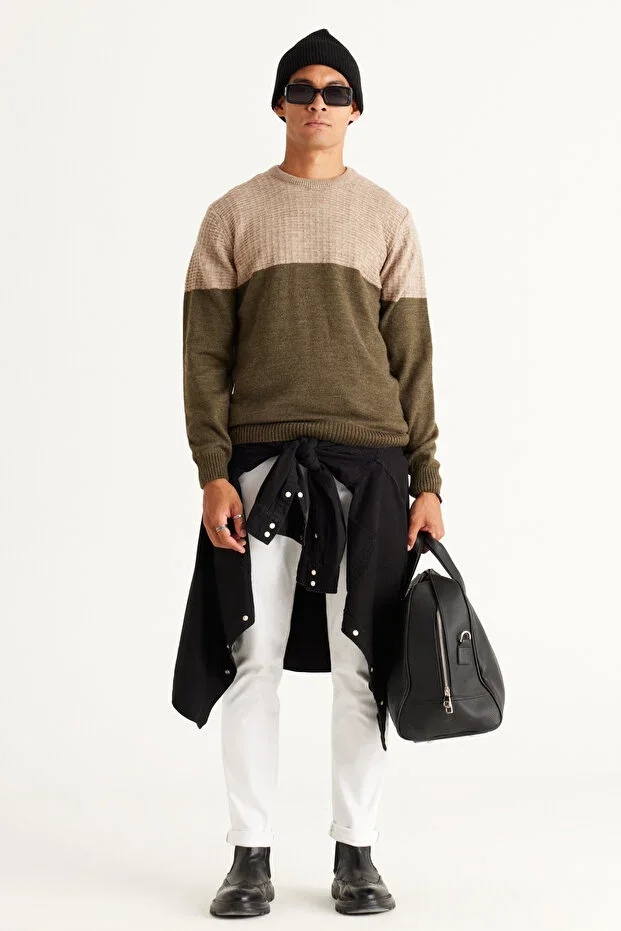 Beige-Khaki Standard Fit Regular Cut Crew Neck Colorblock Patterned Knit Sweater