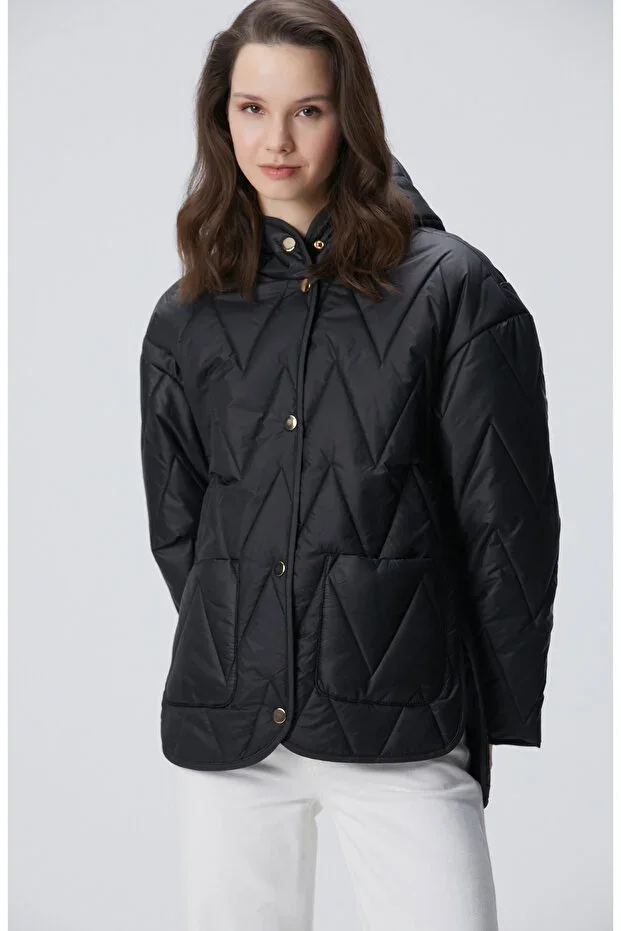 Black Zigzag Quilted Coat