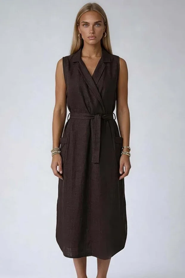 Trend Alaçatı Stili Bitter Coffee Crisscross Neckline Pleated Detailed Pocketed Sofia Linen Dress ALC-X15419