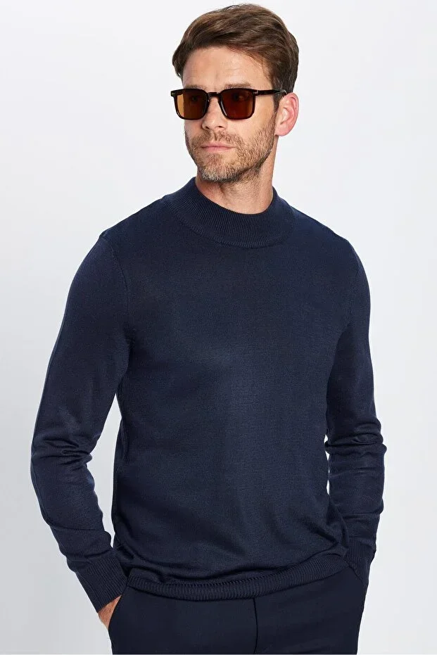 Men's Slim Fit Narrow Cut Half Fisherman Neck Non-Pilling Soft Texture Navy Blue Knit Sweater