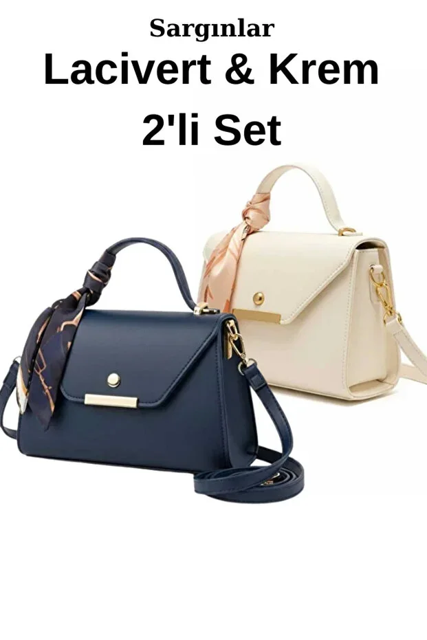 Navy Blue and Cream 2-Piece Faux Leather Scarf Detailed Shoulder & Handbag