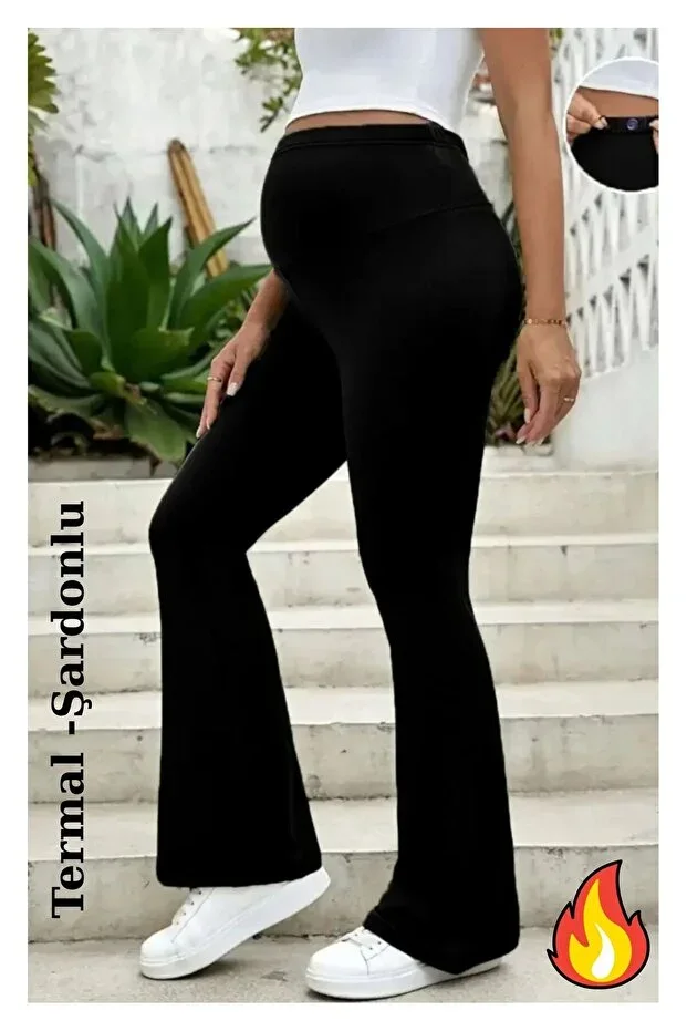 Women's Black Fleece-Lined Scuba Maternity Leggings Bell Bottom High Waist Slimming
