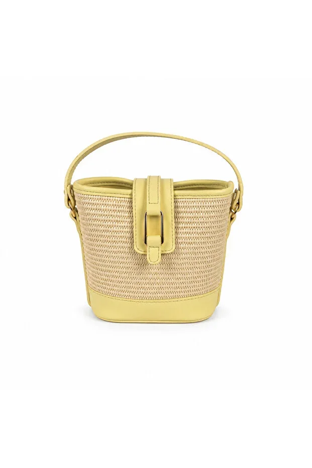 Original Straw Butter Yellow Bucket Model Gold Buckle Detailed Women's Hand and Shoulder Bag