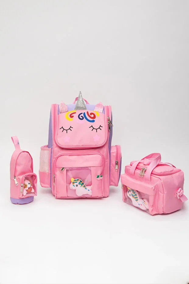 QUOVO UNICORN Style Orthopedic Local School Bag With Accessories Set for Girls Boys Lunchbox Pencil Case Bag