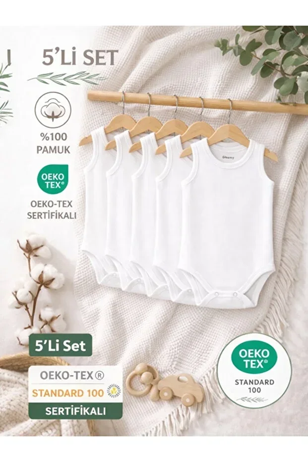 Baby 100% Cotton Combed Jersey Bodysuit 5-Piece Set Round Neck Sleeveless Bodysuit