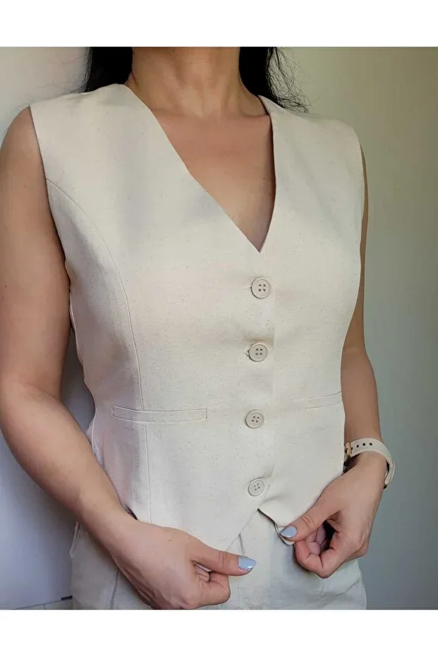 Women's Lined Stylish Linen Vest - Beige