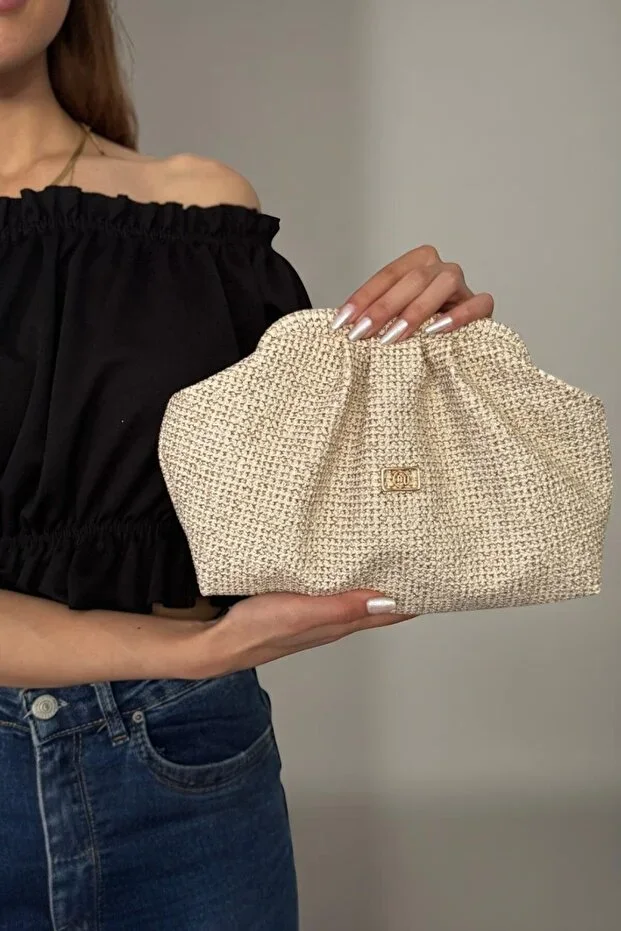 Straw Look Cream Crossbody Shoulder Strap Women's Clutch Bag