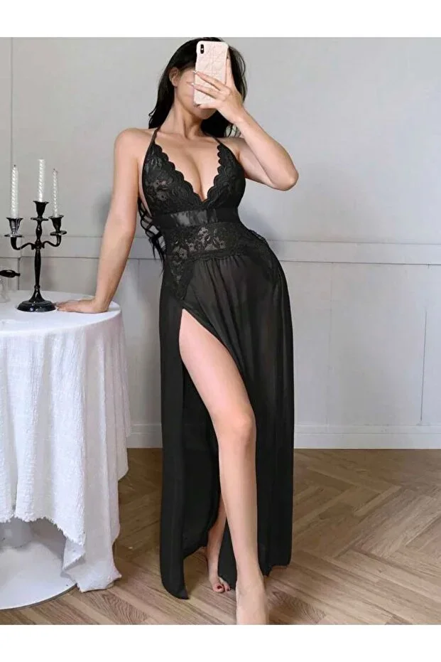Women's Black Lace Tulle Long Nightgown Set with Free Tanga