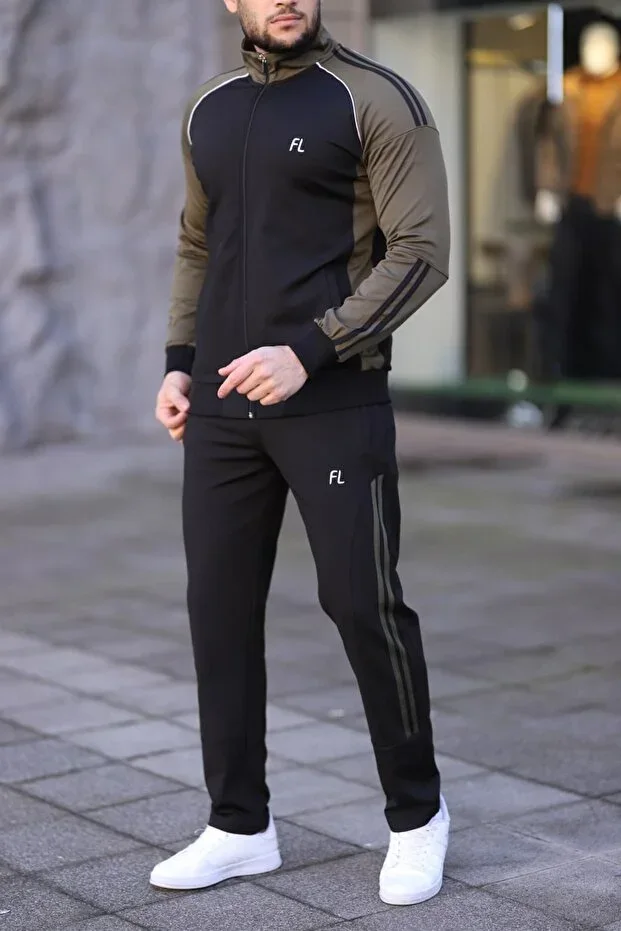 New Season Men's Piped Tracksuit Set, Khaki Black