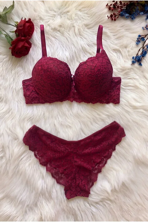 Women's Burgundy Padded Supportive Underwired Lace Bra Set