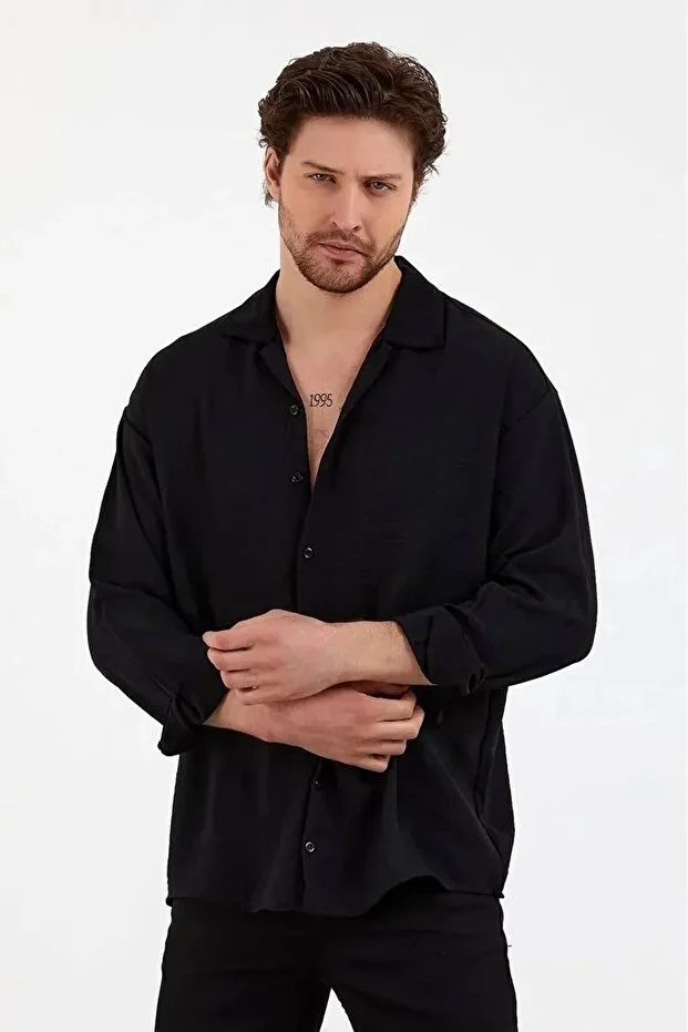 Men's Summer Non-Sweating Iron-Free Loose Oversize Long-Sleeve Shirt Men's Shirt Black