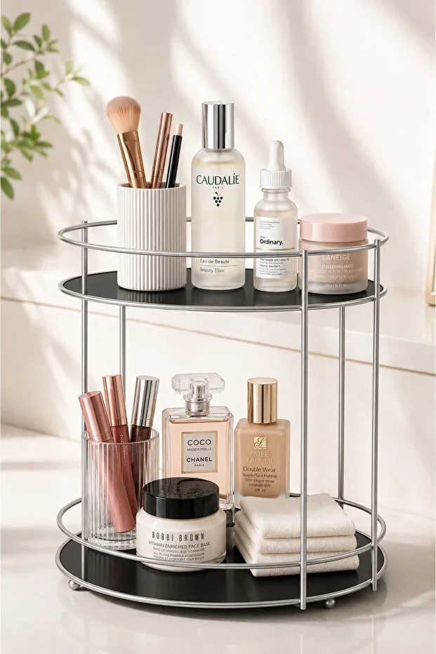 Chrome || Leon 2 Tier Makeup Organizer Metal Cosmetic Organizer Perfume Stand Bathroom Countertop 2 Tier Shelf ✨ Height 25 Cm ✨ Diameter 20 Cm ✨ 20 Cm Between Shelves Multi-Purpose Decorative Organizer Stand