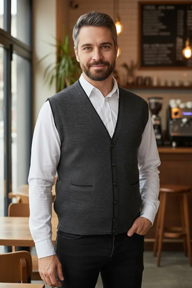 Men's Grey V-Neck Knit Buttoned Pocket Striped Regular Fit Non-Pilling Weave Vest