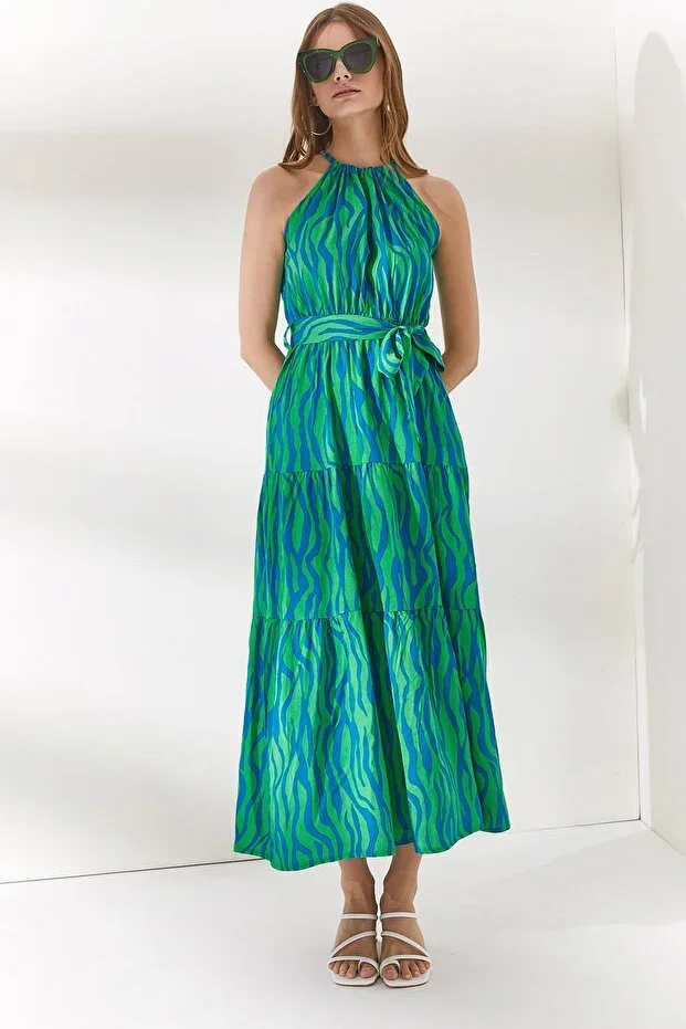 Women's Zebra Green Halter Neck Belted Woven Viscose Dress ELB-19001548