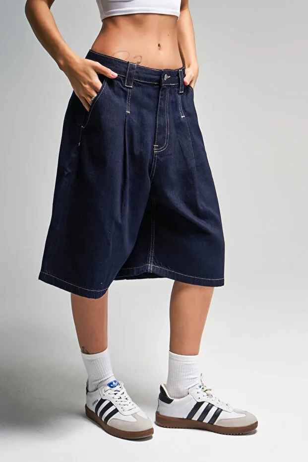 Ayollar uchun indigo rangli 7s5-50 Skater Fit Maxi Uzunlikdagi keng kesimli 100% paxta denim Bermuda shortilari