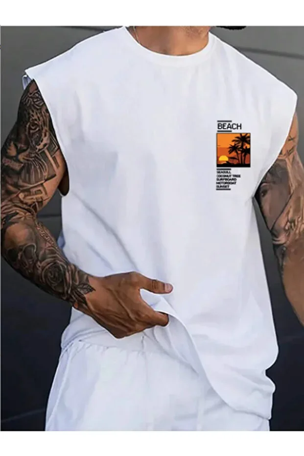 WHITE COTTON PRINTED OVERSIZE ATHLETE TANK TOP