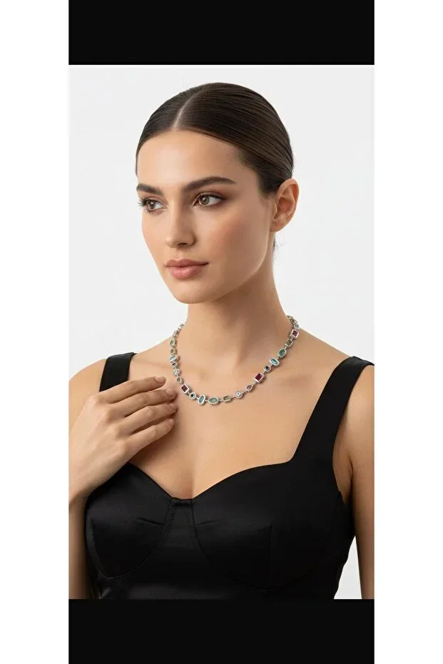 Grace on Neck Necklace - Multi-colored Stone Stainless Steel | Chic & Minimal | Does not tarnish | Does not cause allergies