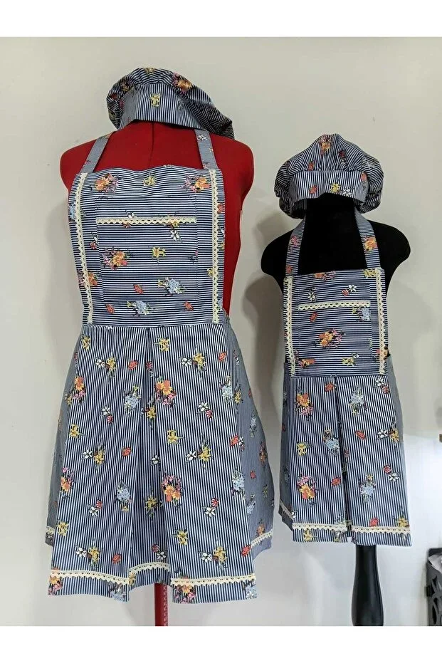 MOTHER DAUGHTER SET KITCHEN APRON, WOMEN'S KITCHEN APRON, GIRL CHILD KITCHEN APRON, HAT MOTHER AND 4-7 YEARS GIRL. CHEF APRON, BLUE PLEATED