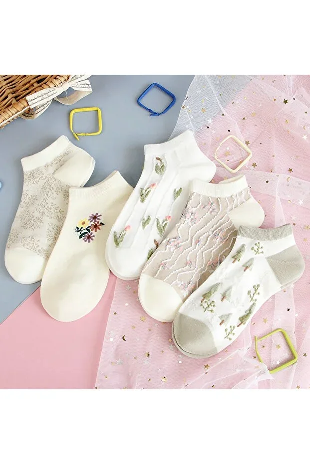 5 Pairs Women's Flower Patterned Short Socks