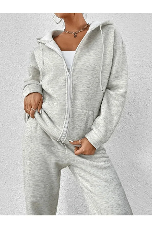 Grey Hooded Full Zip Thick Winter Oversize Outdoor Women's Tracksuit
