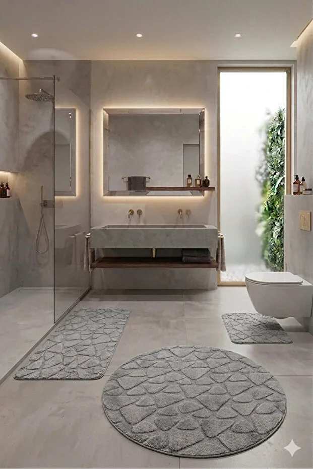 Gray Cotton Bath Mat Machine Washable Non-Slip Base Water Absorbent 3-Piece Set Bath Mat