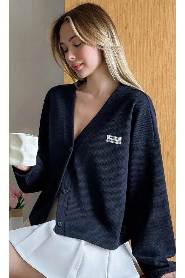 Navy Blue Waffle Knit Slogan Patch Detail Buttoned Long Sleeve Cardigan