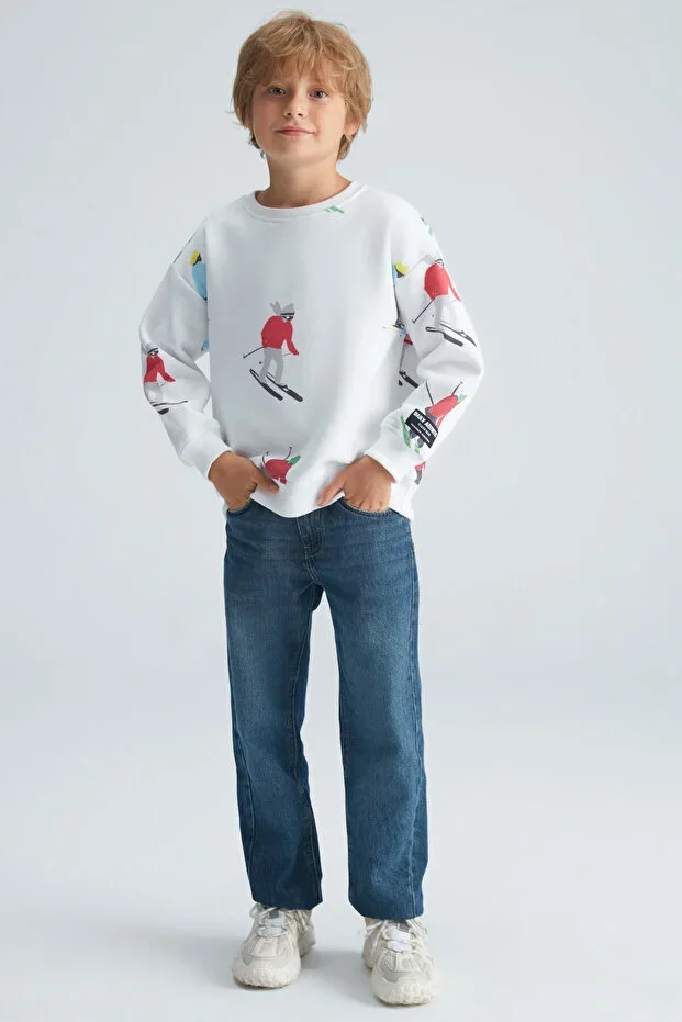 Trendon Boys 3-Thread Brushed Interior Print Detailed Round Neck White Sweatshirt