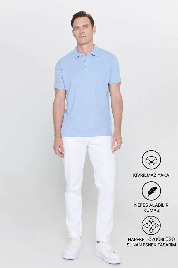 Men's Light Blue 100% Cotton Non-Iron Pique Polo Neck Slim Fit T-Shirt