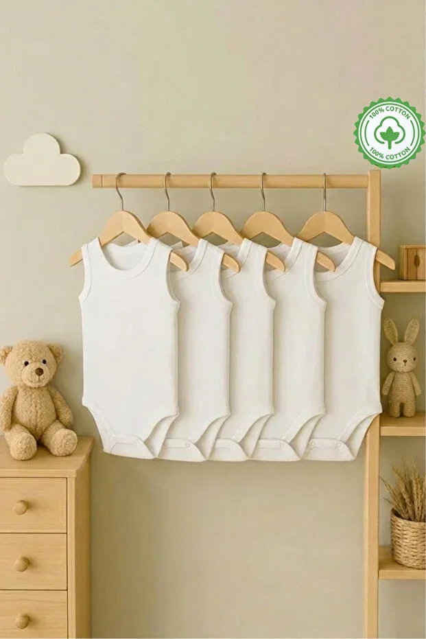 %100 Cotton Sleeveless Baby Bodysuit 5-Piece Set Snap Fastener Onesie