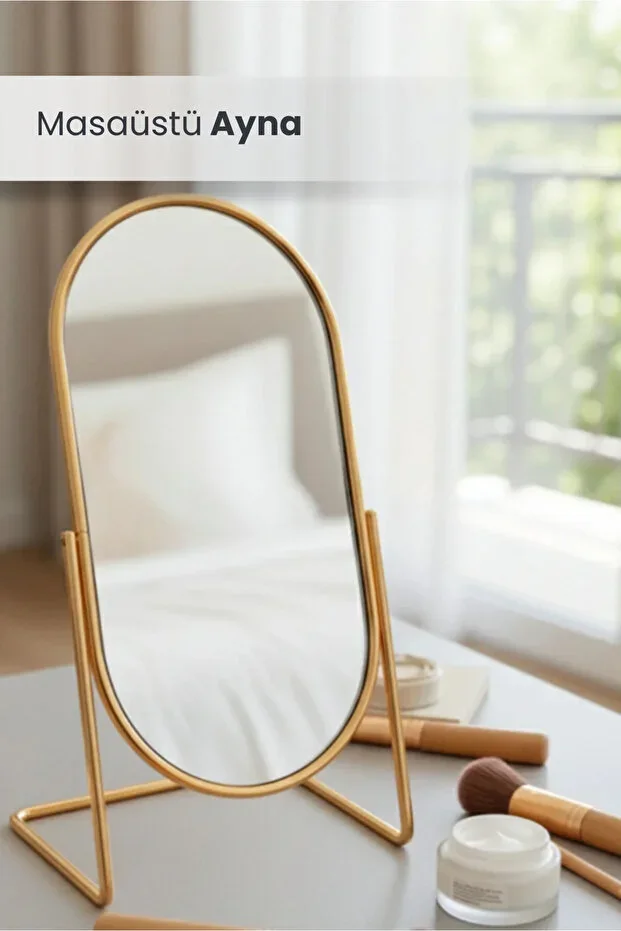 Gold Metal Tabletop Makeup Mirror – Oval Decorative Design, Chic Desktop Mirror