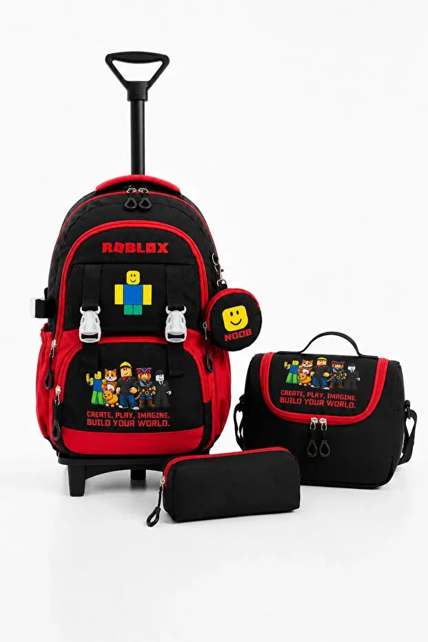 4-Piece Rolling School Bag Set - Fixed Trolley Foldable Front Foot (Backpack + Thermal Lunch Bag + Pencil Case + Wallet)