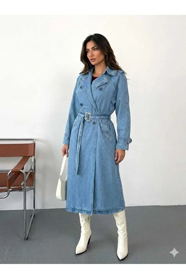 UCA JEANS Women's Blue Denim Trench Coat Long Belted Oversize Jacket