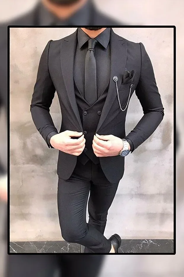 Men's Black Slim Fit Suit with Vest