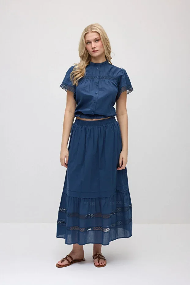 Gusto Lace Detailed Cotton Long Skirt - Navy Blue