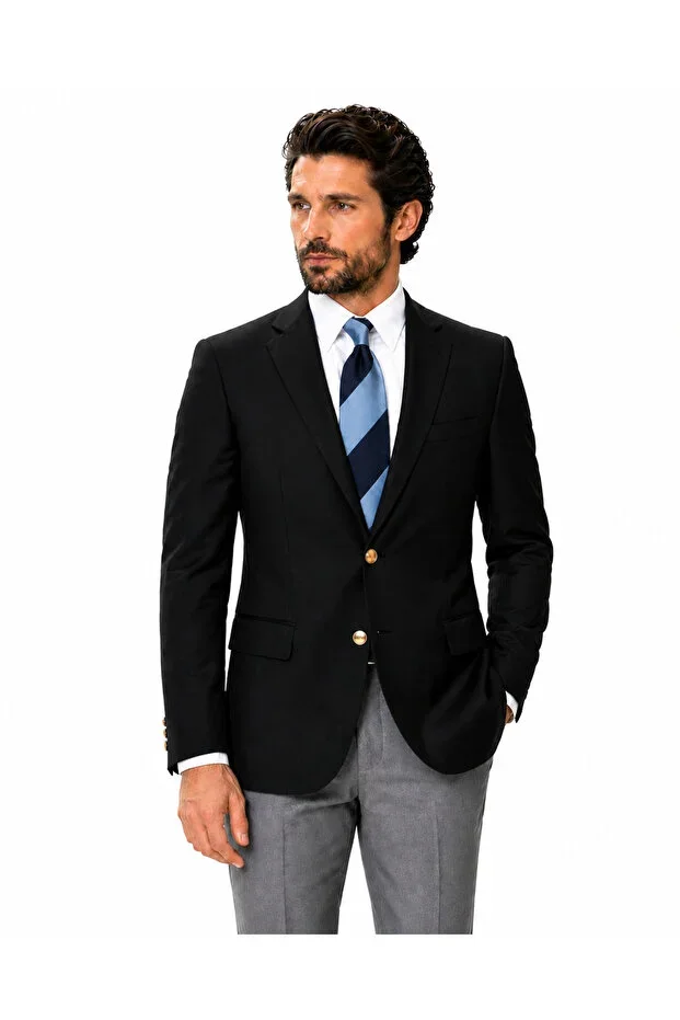 Men's Black Blazer Jacket – Slim Fit, Gold Buttoned, Classic Chic Single Jacket