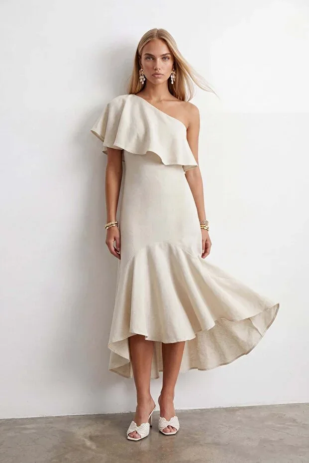 Women's Raw Linen Skirt And Shoulder Ruffled Lined Dress Alc-X15545