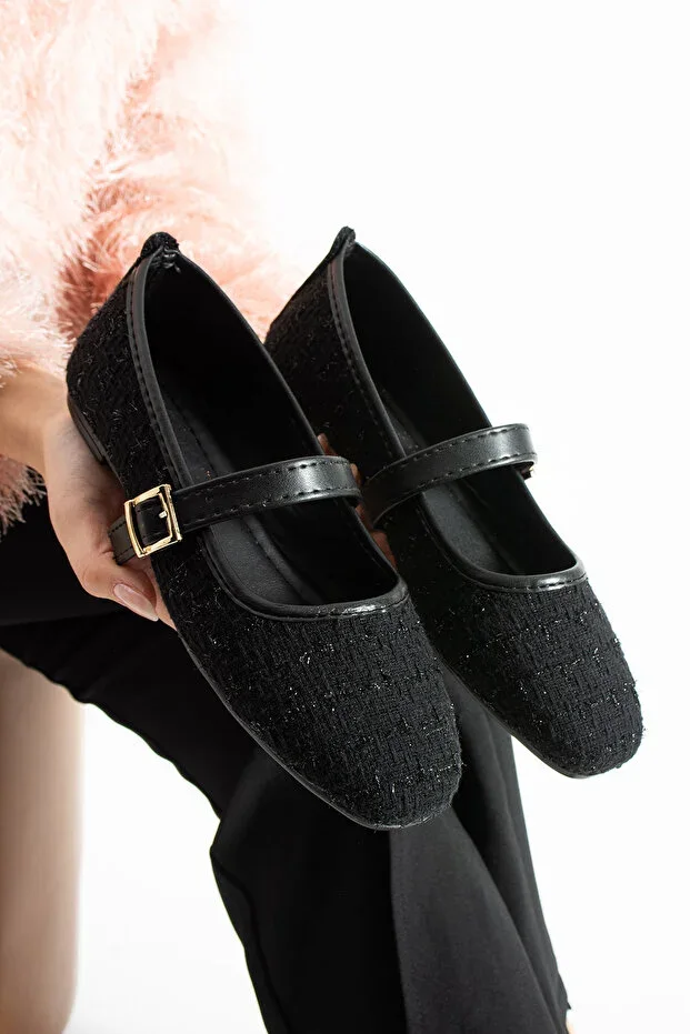 Black Tweed Fabric Women's Ballet Flats Chic Buckled Orthopedic Sole Daily Shoes