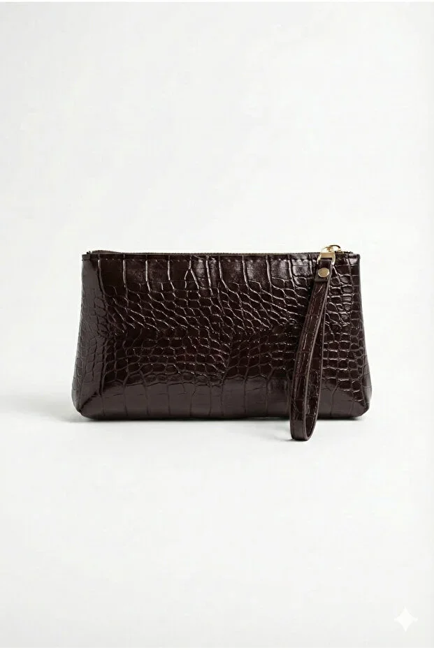 Women's Dark Brown Croco Pattern Wristlet Wallet & Handbag - Stylish Zippered Clutch
