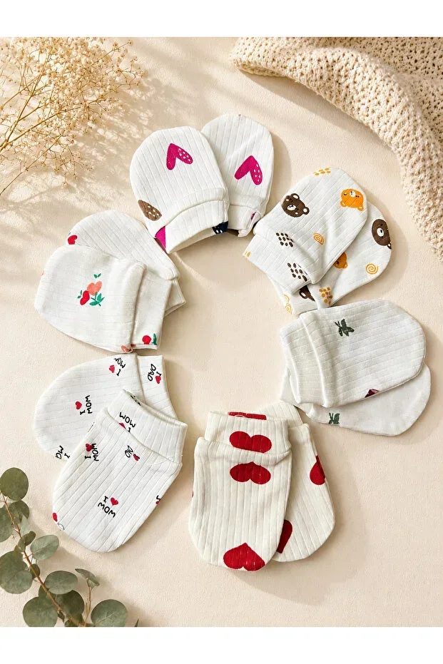 Patterned Newborn Glove Set – 6-Piece Cotton Girl Baby Gloves