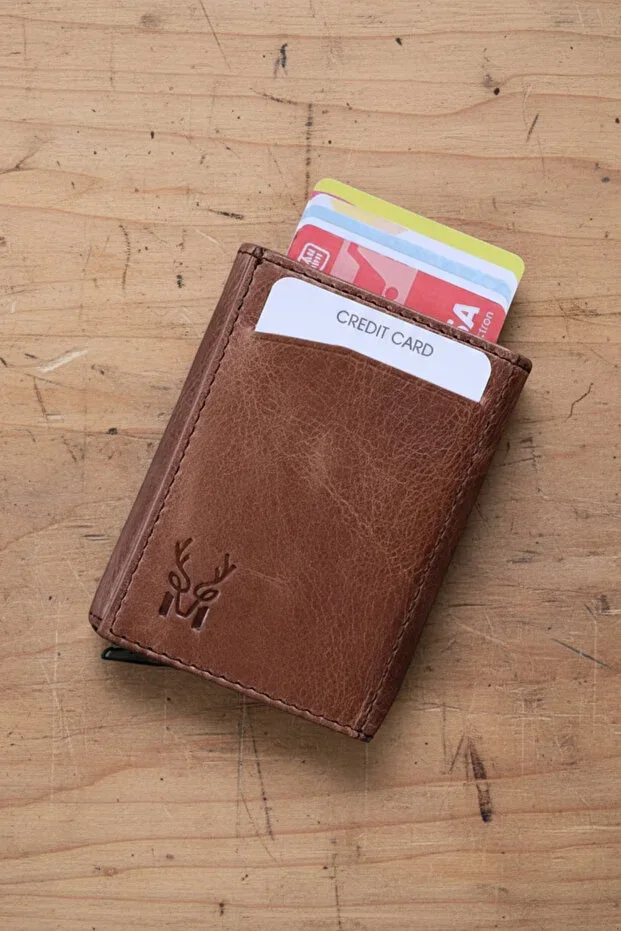 Genuine Leather Automatic Mechanism RFID Protected Men's Brown Card Holder Wallet Pescol