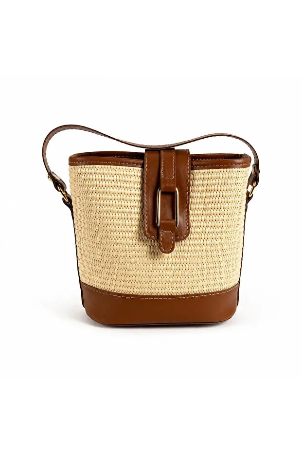 Original Straw Tab Bucket Model Gold Buckle Detailed Women's Hand and Shoulder Bag