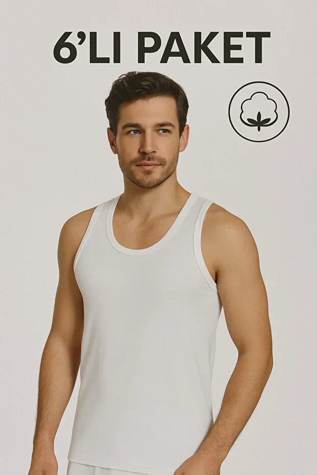 6'lı Men's Undershirt White 100% Cotton Combed