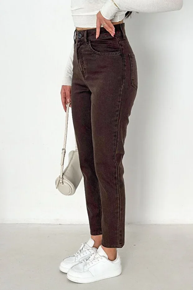HLT JEANS Brown Women's Stretchy Mom Jean High Waist Flexible Denim Pants ANNA-2074