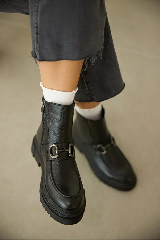 Melodi Genuine Leather Front Buckle Detail Zippered Boot - BLACK LEATHER