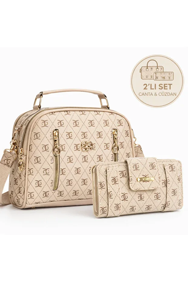 Women's Long Strap Handbag and Shoulder Bag Mini Wallet with Zippered Card Holder and Coin Compartment