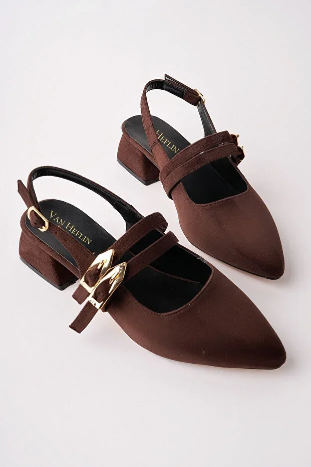 ARVEN Women's Dark Coffee Suede Double Buckle Medium Thick Heel Women's Slingback Mary Jane Shoes